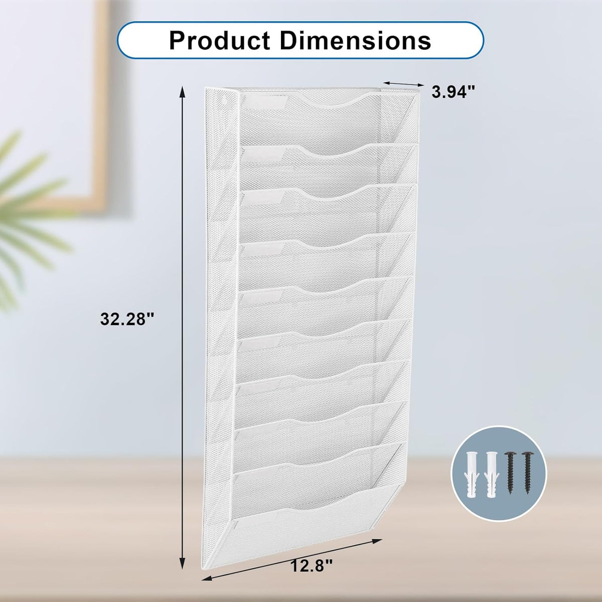EASEPRES 10 Pocket Mesh Hanging Wall File Organizer, Wall Mounted Mail Paper Document Folder Holder, Clipboard Storage Organization Magazine Rack with Nametag Label for Office Home School, White