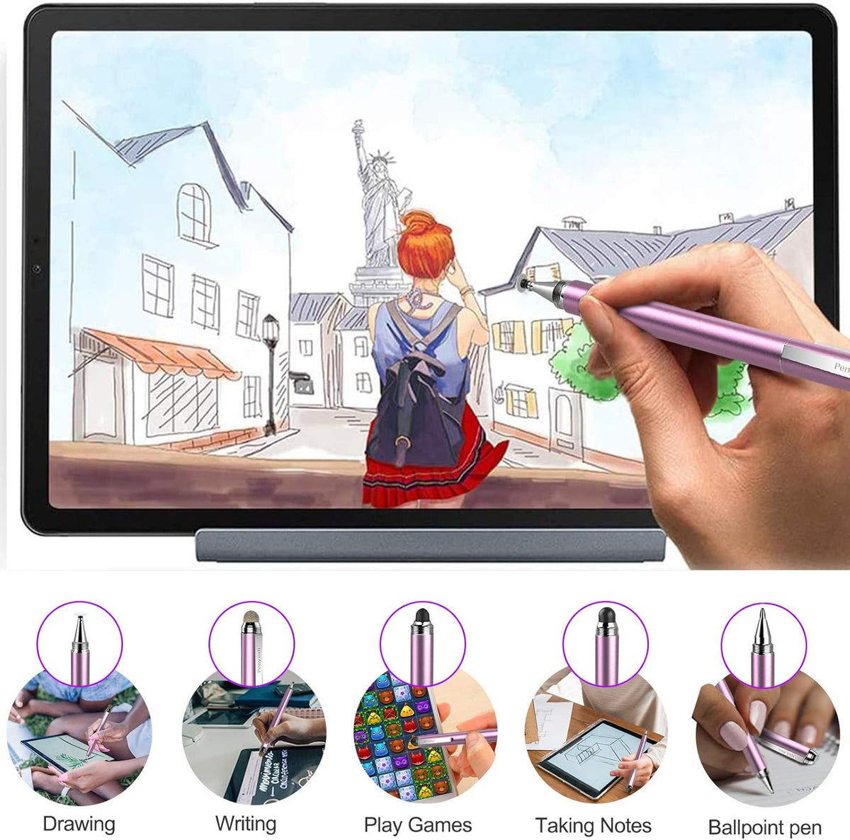 Penyeah 4-in-1 Stylus Pen for Touchscreens, Accurate & Versatile Capacitive Stylus Pen for iPhone,iPad,Android Phones,Tablets- Disc+Rubbe+Mesh Tips Universal for All Touch Screen Devices - Pinky Gold