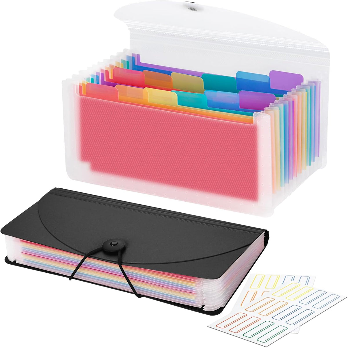 13 Pocket A6 Receipt Organizer, 2 Pack Small Accordion File Organizer, Coupon Organizer with Labels - Clear and Black