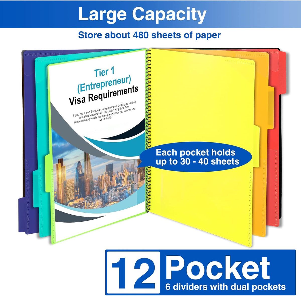 12 Pocket Project Organizer, Forvencer 1/6-cut Tab Binder Organizer with Sticky Labels, Multi Pocket Folder with Zipper Pouch, Folder Binder Spiral Pocket Notebook, Office Supplies, Letter Size, Black