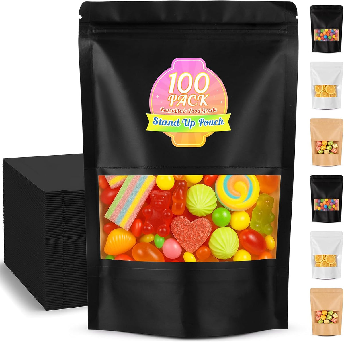 Mylar Bags for Food Storage, 100 Pack Smell Proof Bag with Window, Resealable Bags for Small Business, Candy Bags, Dog Treat Bag, Bakery Packaging, Stand Up Pouch (4.7"x7.9")