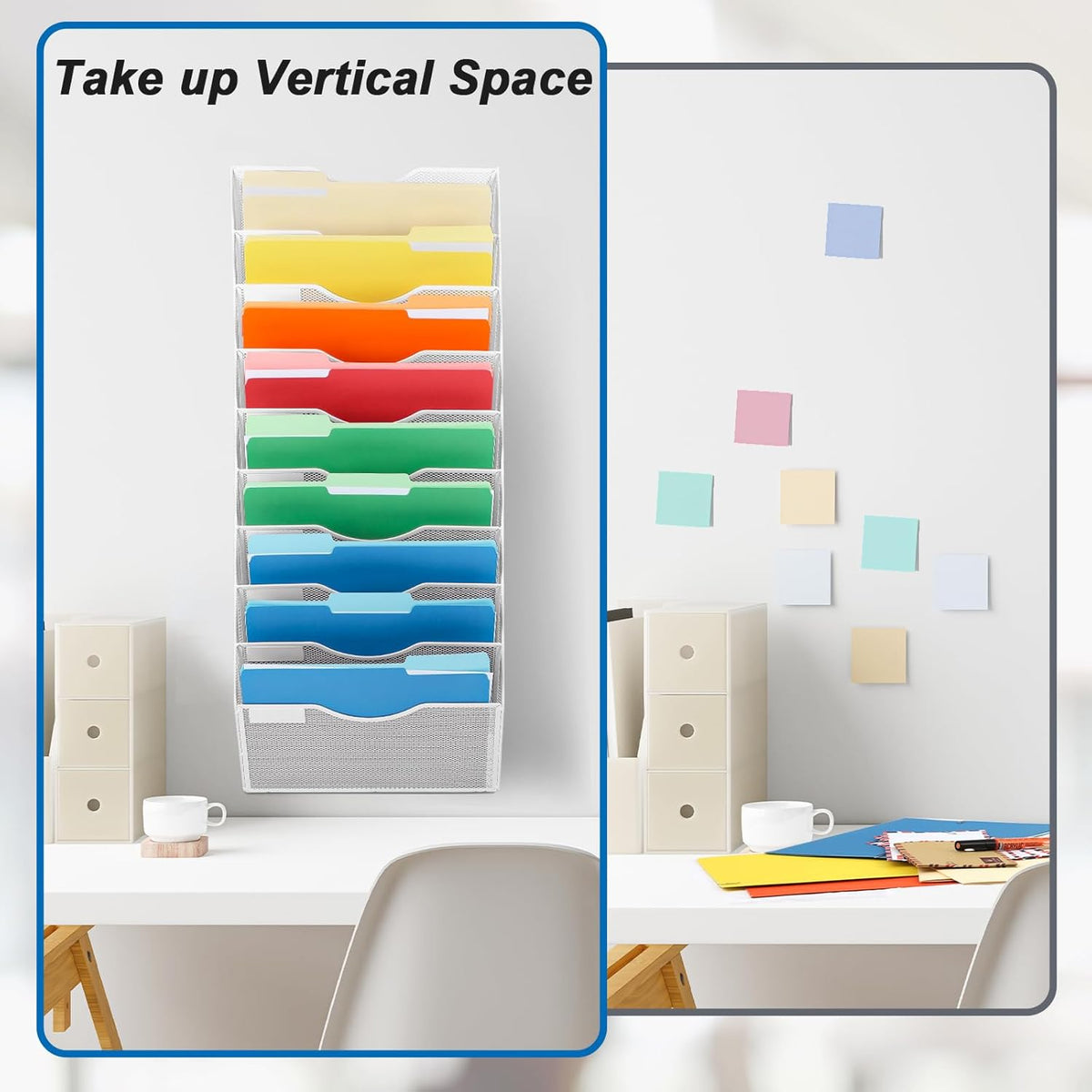 EASEPRES 10 Pocket Mesh Hanging Wall File Organizer, Wall Mounted Mail Paper Document Folder Holder, Clipboard Storage Organization Magazine Rack with Nametag Label for Office Home School, White