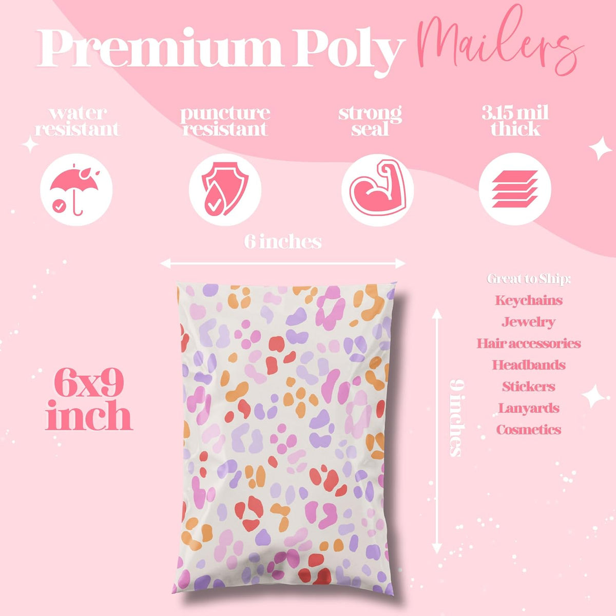6x9 Designer Poly Mailer 100 Pack Heavy Duty Waterproof Self Seal Shipping Bags for Small Business Large Mailing Envelopes Bulk Tear Resistant Cute Packaging Preppy Leopard