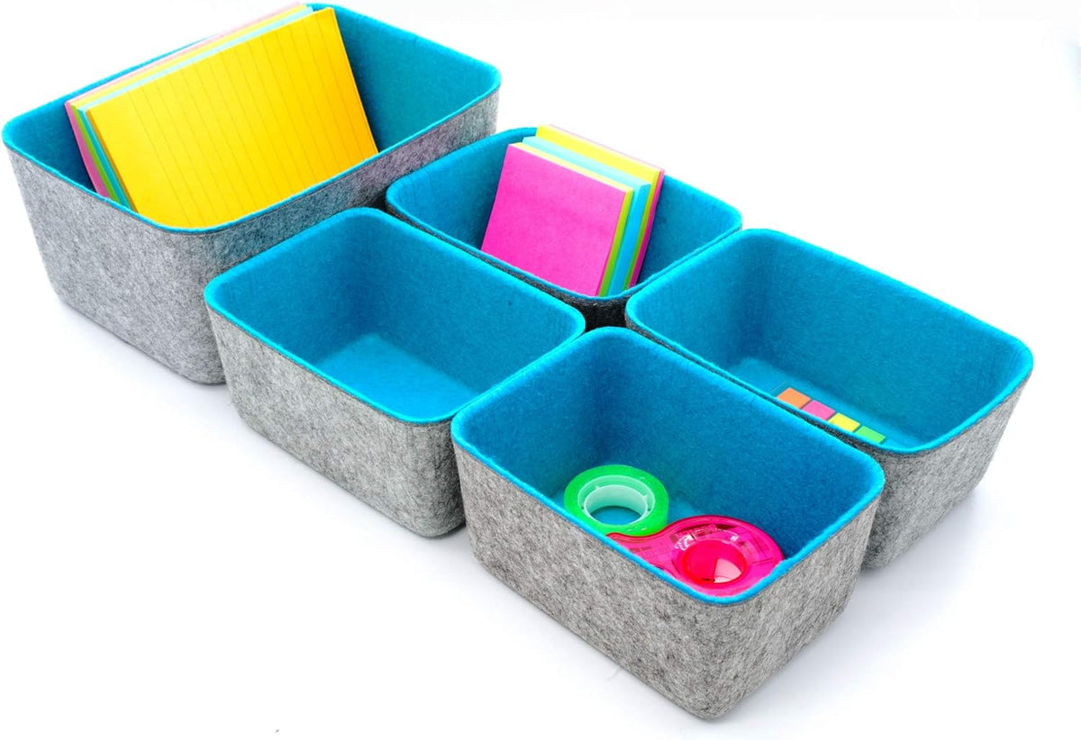 Welaxy office Drawer organizers bins Deep draw organiser Felt storage bin drawers Desk draw dividers boxes for toys makeup jewelery rolled ties organizing 5 pack (Turquoise)