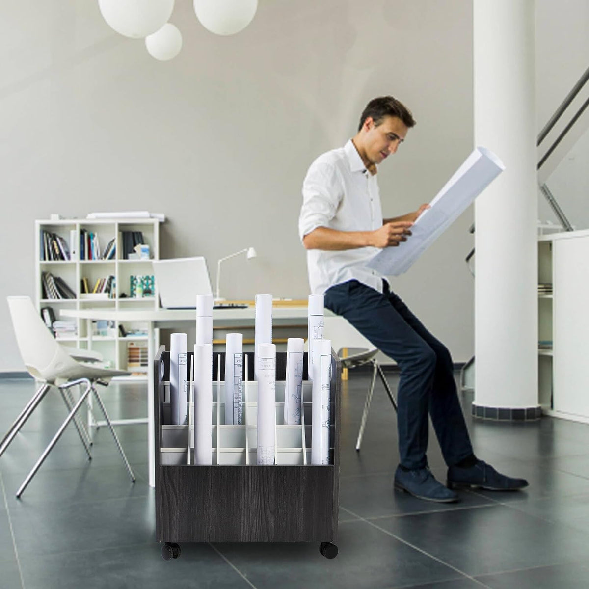 Blueprint Storage Cabinet, Wooden Mobile Blueprint Holder for Roll File, Construction Plan Holder for Office, 30 Slots