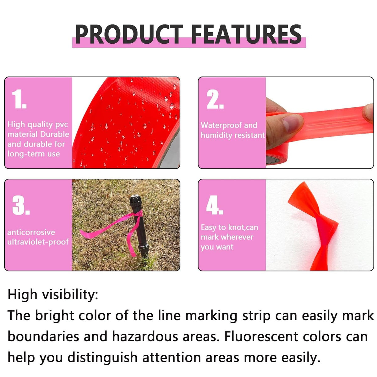 6 Pack Pink Flagging Tape, Non-Adhesive Plastic Ribbon Neon Marking Roll, 1inch*600ft, Marking Tape for Tree Marking, Hunting, Boundaries and Hazardous Areas,Trail Marking