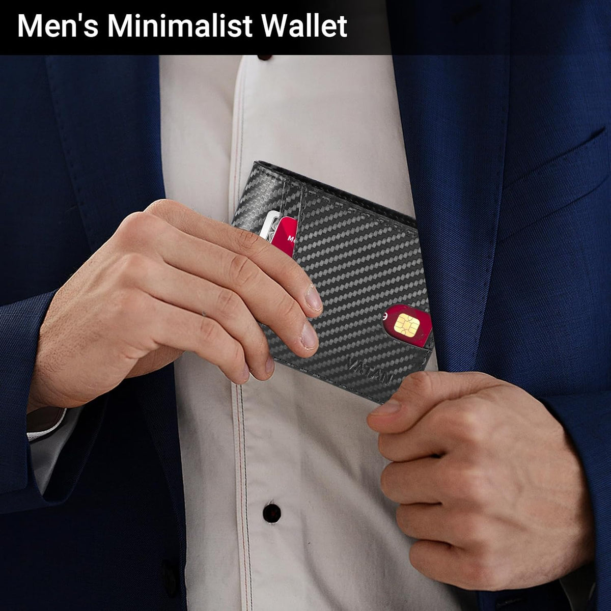 VATAN Wallet for Men, Mens Minimalist Wallet Credit Card Holder, Slim Leather Rfid 2 ID Window Large Capacity With Gift Box (Carbon Fiber Black)