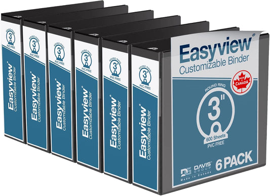 Easyview Premium 3-Ring Binders with Clear-View Covers and Round Rings, Binders for School or Office, 3 Inch, Pack of 6, Black