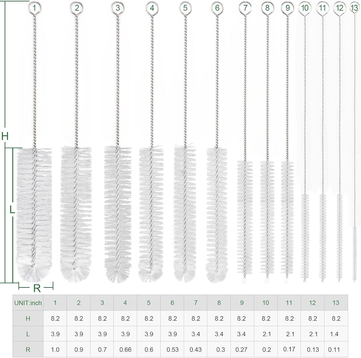 CiaraQ Bottle Cleaning Brushes, 8 Inch Nylon Tube Brush Set, Cleaner for Narrow Neck Bottles Cups with Hook, Set of 13pcs, White