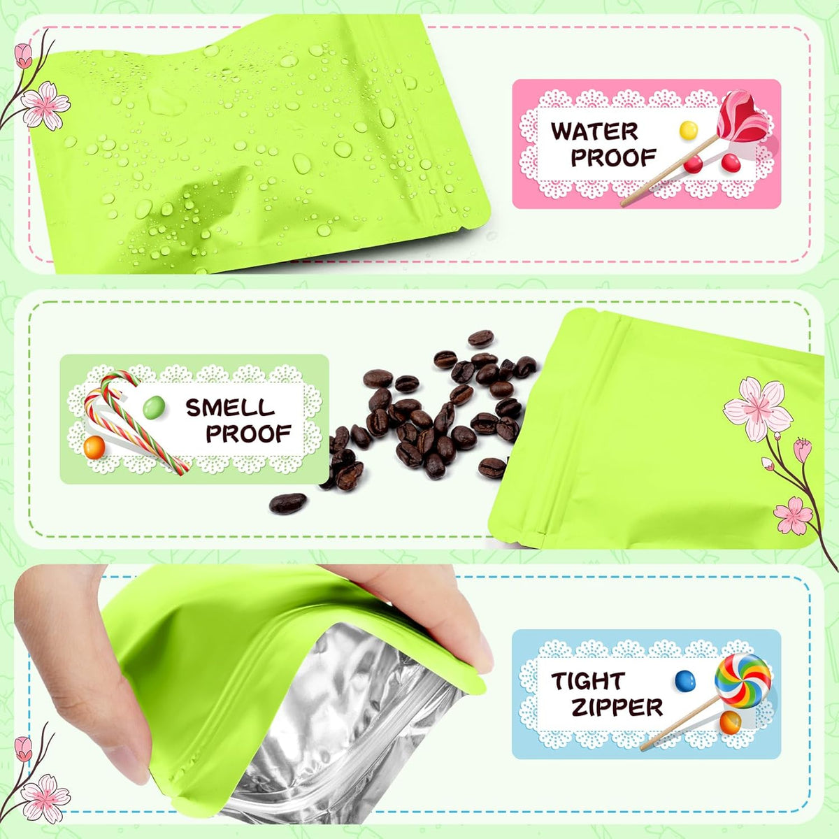 Funfery 100 Pack Green Mylar Packaging Bags Resealable Bags Double Sided Color Odor Proof Pouch Baggies Smell Proof Foil Bag for Food Storage,Small Business(Green,4x6inch)
