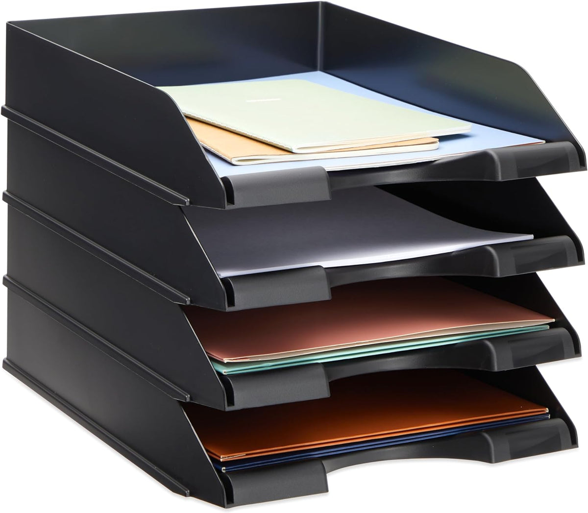 Stockroom Plus Letter Trays - 4-Pack, Black, 10 x 13.5 x 2.5 in - Stackable Paper Trays & Desktop File Organizer - Mail Organizer & Document Storage