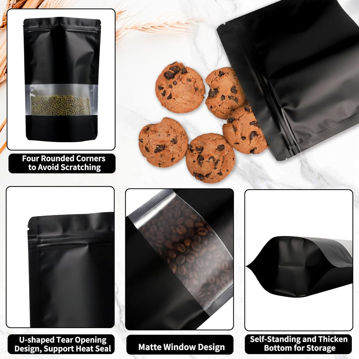 100 Pack Smell Proof Bags, Resealable Black Mylar Bags with Matte Window, Foil Pouch Stand Up Sealable Bags for Packaging, 5.9 × 8.66 Inch