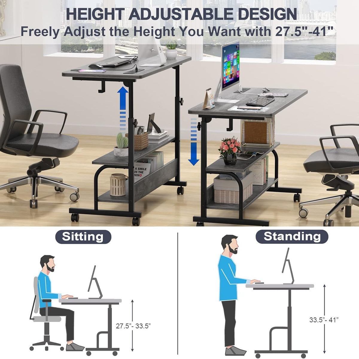 Height Adjustable Standing Desk with Power Outlets, 39" Manual Stand Up Desk with Storage Shelves Small Mobile Rolling Computer Desk Portable Laptop Table with Wheels for Home Office, Grey Oak