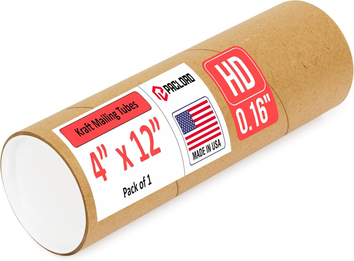 4" x 12" Heavy-Duty Reinforced Cardboard Mailing Tube, Pack of 1 Tube with 2 Caps – Secure USPS Approved – Great for Shipping and Storing of Prints, Artwork, Posters or Documents