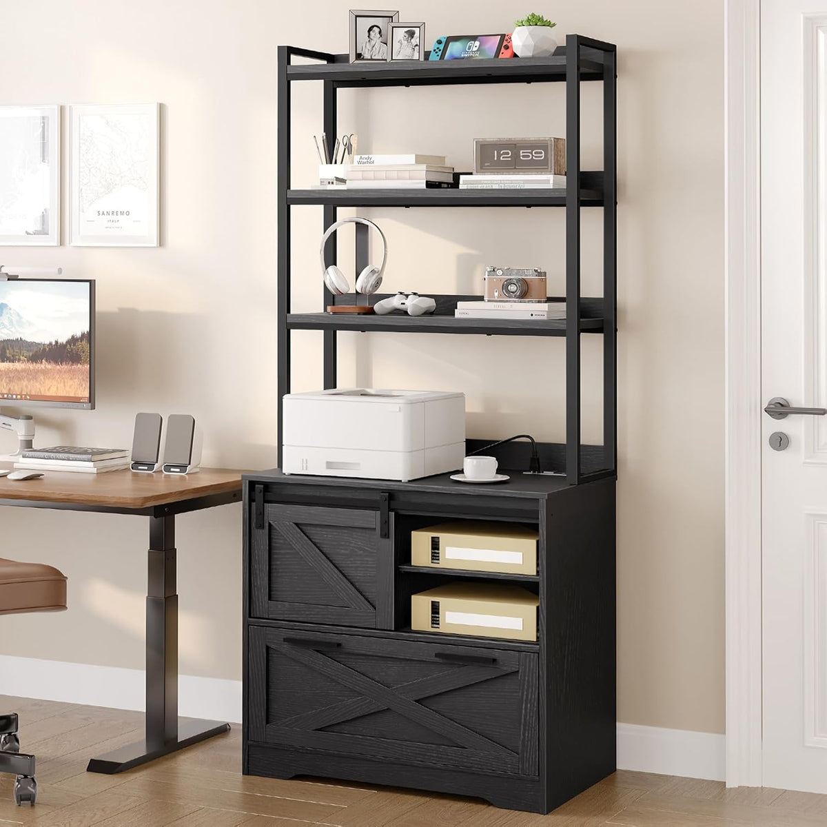 File Cabinet with Charging Station, Vertical Filing Cabinet with Shelves, Black File Cabinet for Home Office, Printer Stand with Open Storage Shelves & Barn Doors, Fits A4/Letter Files