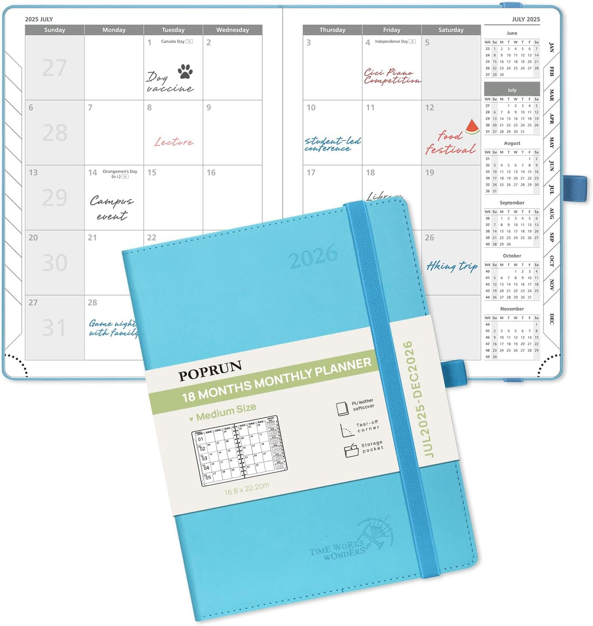 POPRUN Monthly Planner 2025-2026 (Medium- 6.5'' x 8.5'' Soft Cover), 18-Month Calendar Book (Jul.2025-Dec.2026), Calendar Planner with Monthly Tabs & Pocket, 100 GSM Paper - Blue Green