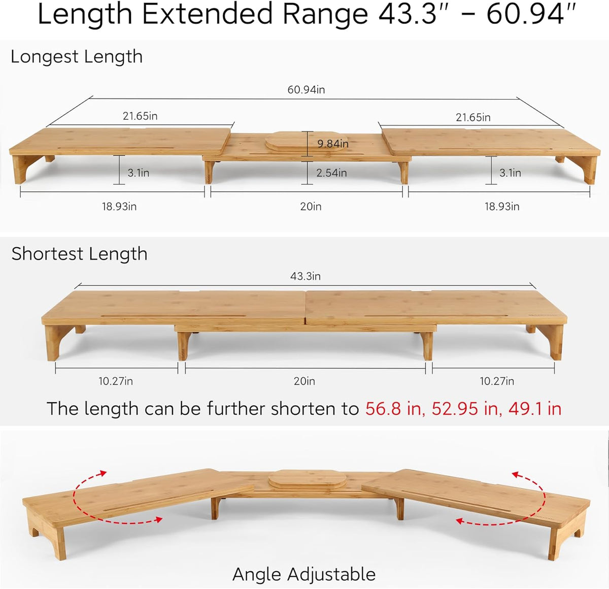 Nnewvante Monitor Stand Riser, 60 inch Large Bamboo Dual Monitor Stand for Desk, 3 Shelves Desktop Screen Riser with Adjustable Length Angle for Computer Laptop PC