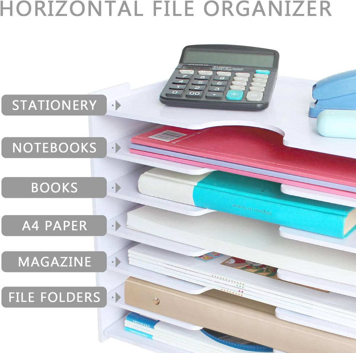 SONGWAY File Organizer for Desk - 7 Tier Wide Document Holder, Letter Mail Tray Storage Rack, A4 Paper Storage Holder, Desktop Organizer for Home Office School, White