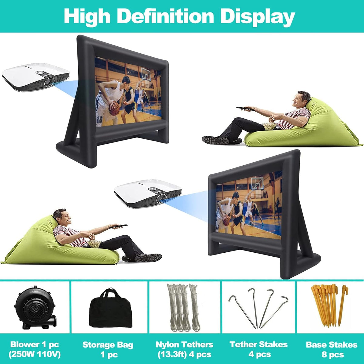 21FT Inflatable Projector Screen - Outdoor Movie Screen Blow Up for Movie Parties Backyard Outside with Air Blower and Carry Bag, Front and Rear Projection