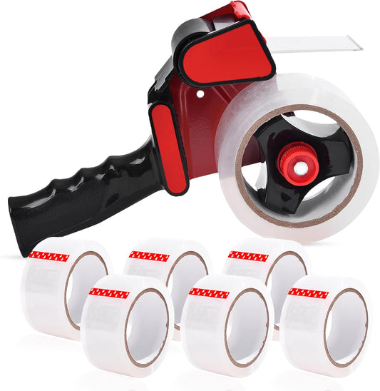 Heavy Duty Tape Dispenser with 6 Clear Packaging Tapes - 48cm X 66m - Metal Dispenser for Moving Boxes, Warehouses or General Packing