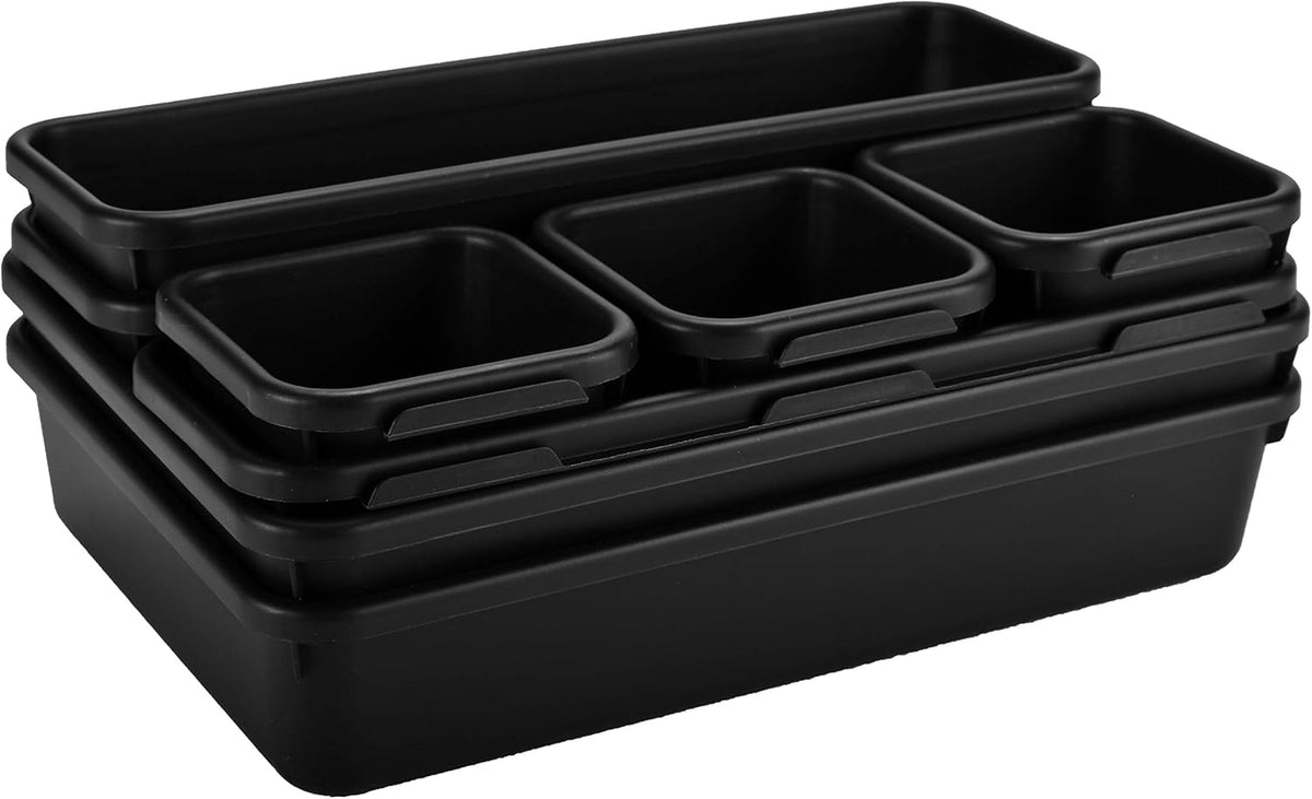 Masirs Interlocking Drawer Organizer Bins, Durable Plastic, Various Sizes for Custom Layout Design, Great for Desk Drawer, Tool Box or Garage Organization, (Black | 8-Piece Set)