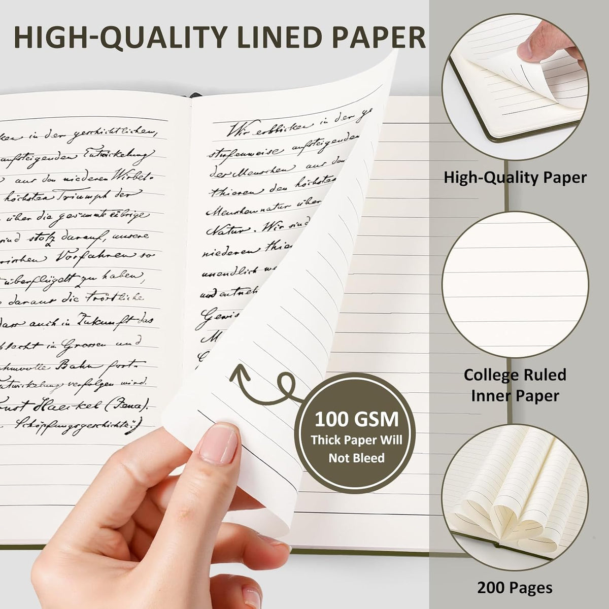 Lined Journal Notebook for Women Men, 200 Pages A5 Hardcover Leather Journals 5.7” x 8.3”, A5 College Ruled Notebooks with 100 GSM Thick Paper for Writing,Travel,School,Office,Work,Business(Green)
