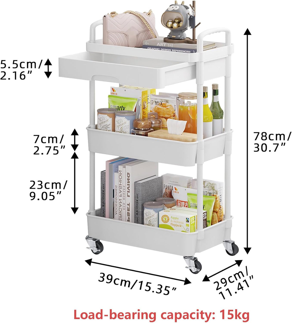 Calmootey 3-Tier Rolling Utility Cart with Drawer,Multifunctional Storage Organizer with Plastic Shelf & Metal Wheels,Storage Cart for Kitchen,Bathroom,Living Room,Office,White