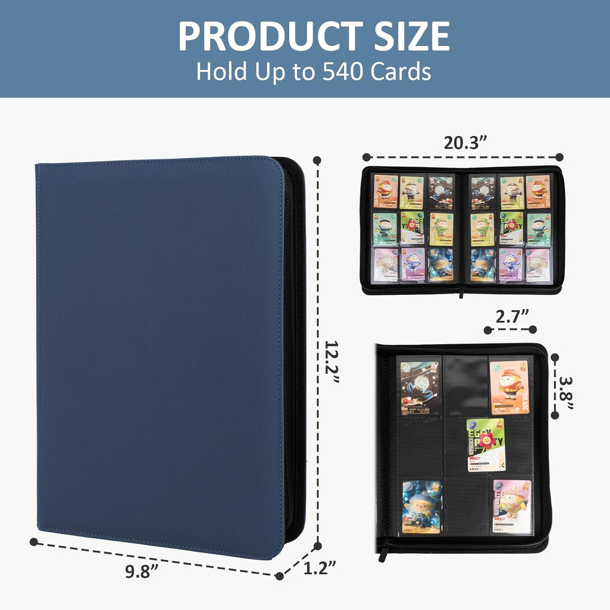 Trading Card Binder 9 Pocket with Zipper, Fvxldcz PU Cover Card Collection Binder 540 Cards Sleek Side-Loading Card Album, Sturdy Card Collection Folder for TCG, MTG, Yugioh, Sport Cards (Navy Blue)