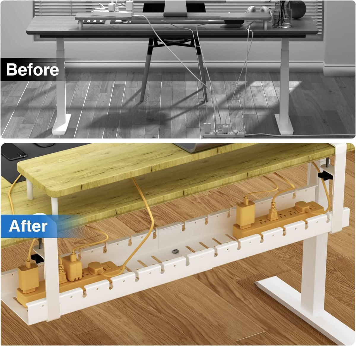 No Drilling Under Desk Cable Management, Metal Cable Management Tray Under Desk with Clamp, Retractable Power Strip Cord Holder for Wire Management 31Inch (2 Pack White)