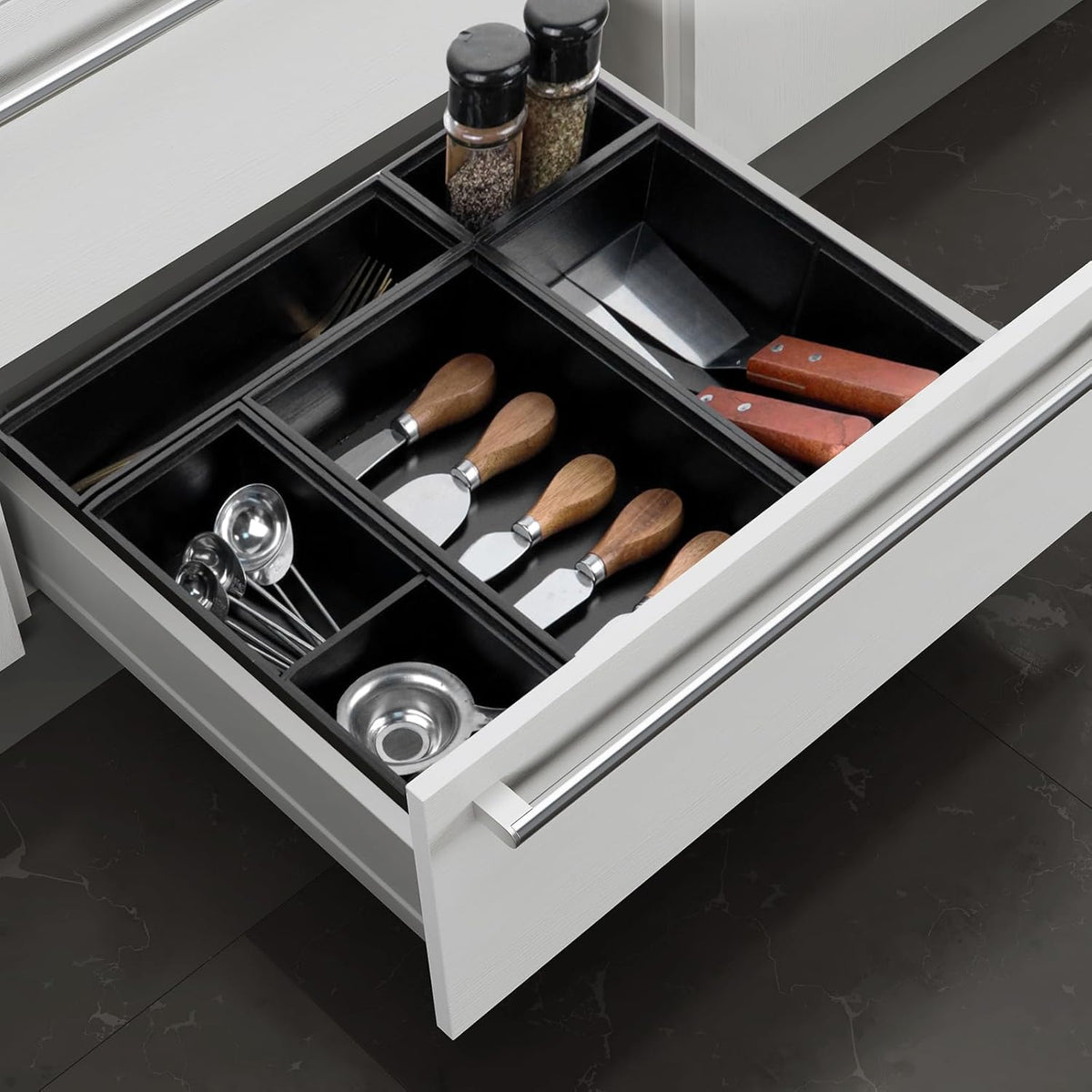 Bamboo Drawer Organizer, 5-Piece Silverware & Kitchen Organizer Set with Removable Dividers for Kitchen, Utensils, Bathroom, Office, Makeup (Black)