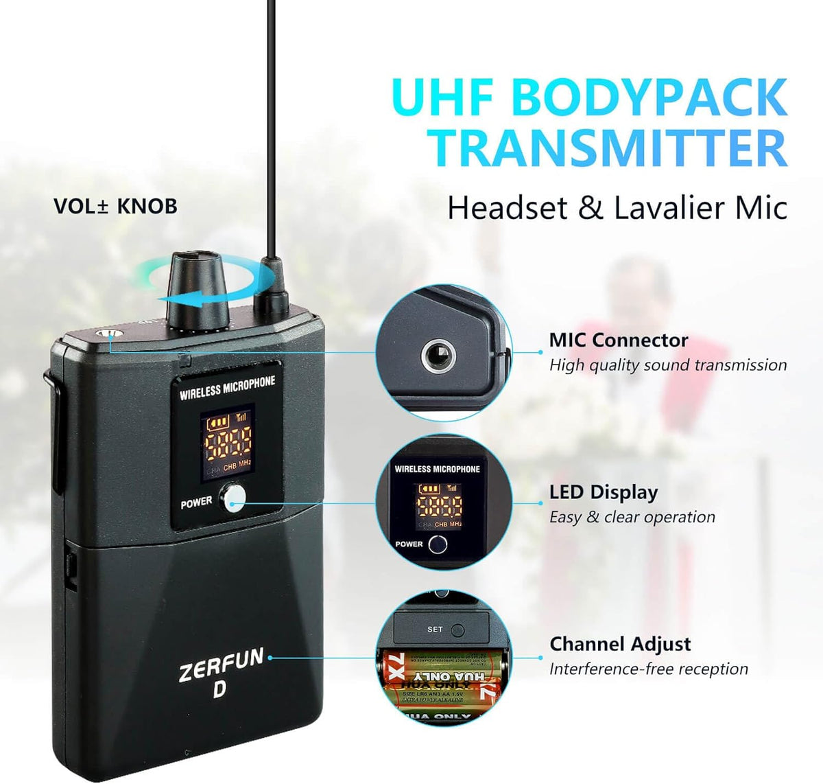 Pro Wireless Microphone System 4 Channel, UHF Cordless Handheld Headset Lavalier Lapel Mics for Church Karaoke Singing, 4x50 Adjustable Frequency(G8 Battery 4 Bodypack)