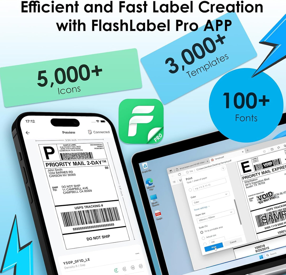 Bluetooth Thermal Shipping Label Printer, 4x6 Portable Thermal Address Label Printer for Small Business, Compatible with iPhone,Android,Windows,Mac,Chromebook –Works with Ebay Shopify USPS&More