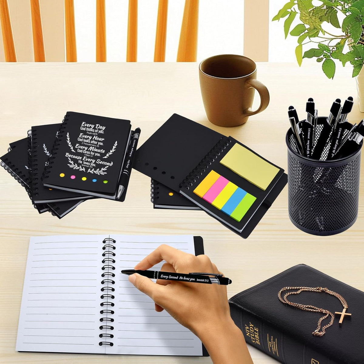 100 Pcs Bulk Christian Gifts Prayer Journal for Woman - 50 Set Religious Notepad with Christian Pen - Bible Notebook - Church Gifts for Inspirational, Bible Study, Devotions (Black)