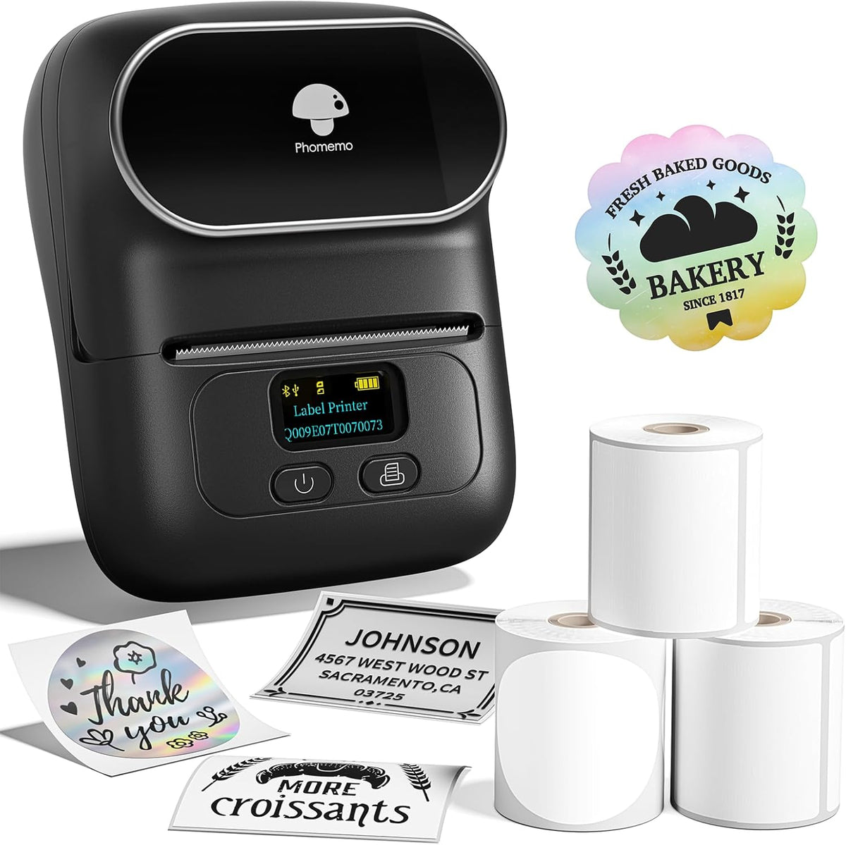 Phomemo M110 Label Printer - Bluetooth No Ink Printer with 3 Tapes, Mini Portable Barcode Label Printer for Retail, Address, Barcode, Home, for PC/Mac, iOS/Android, Ebony Black