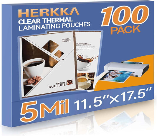 HERKKA 100 Pack Laminating Sheets, Hold 11 x 17 Inch Sheet, 5 Mil Clear Thermal Laminating Pouches 11.5 x 17.5 Inch Lamination Sheet Paper for Laminator, Round Corner