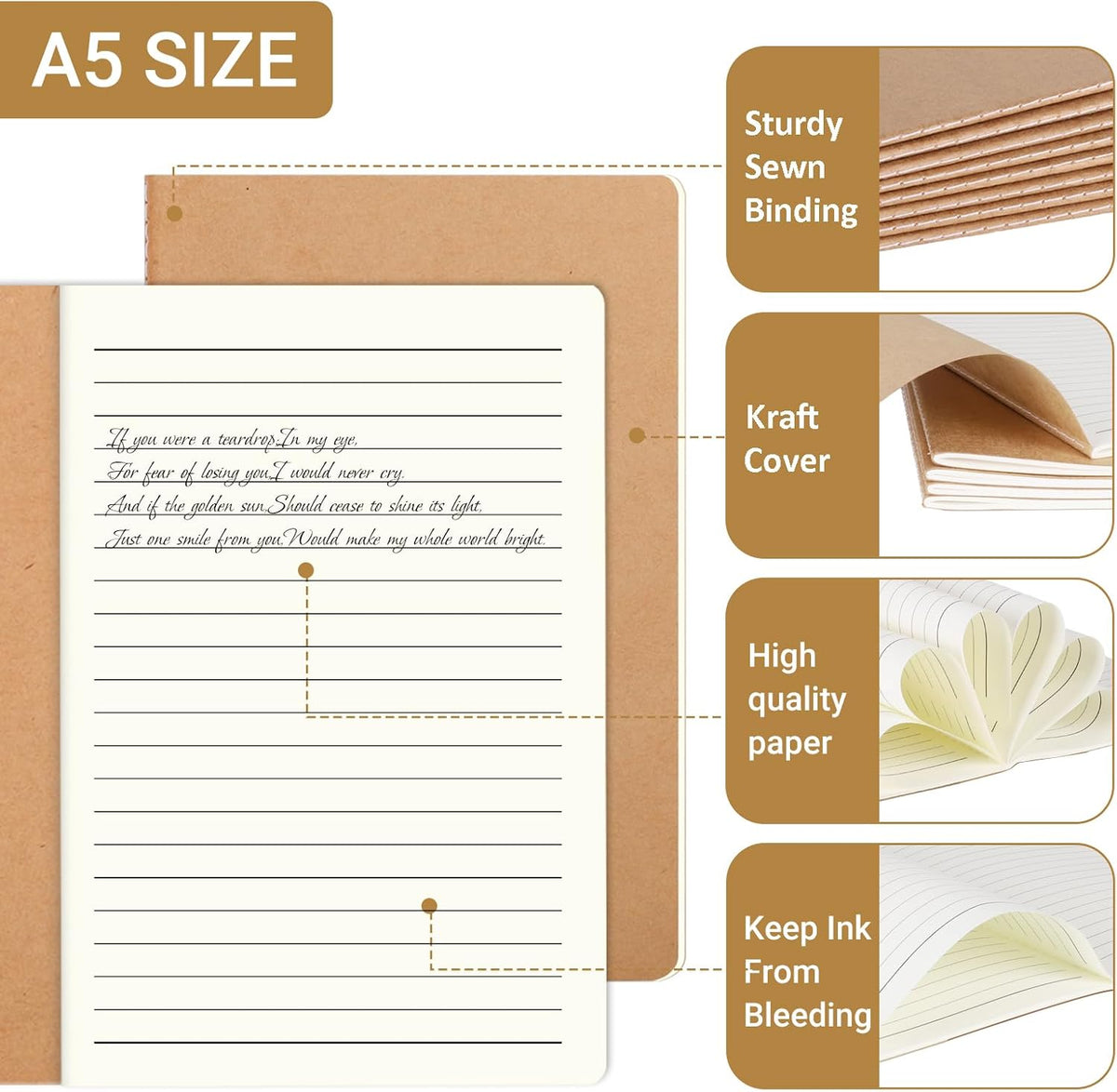 48 Pack Lined Journal Notebook Kraft Brown Cover Lined Notebooks for Travelers, Students, Office - Composition Notebook Subject Notebooks - A5 Size, 8.26”x5.5”, 64 Lined Pages/32 Sheets