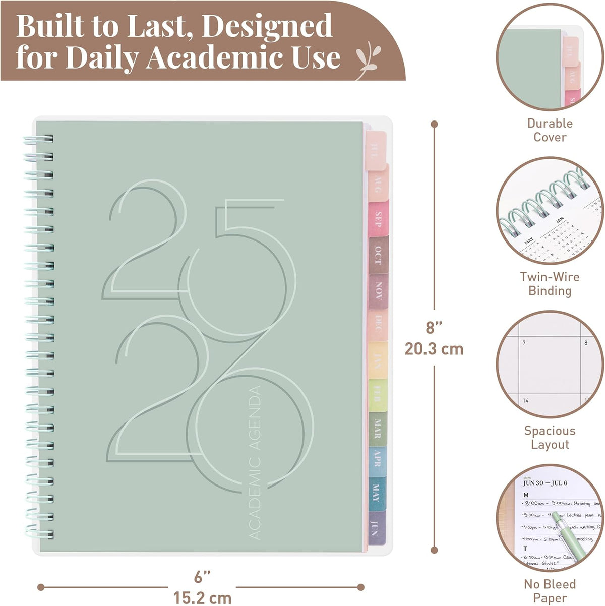 Rileys Academic Planner 2025-2026, Daily, Weekly & Monthly Planner, July 2025 - June 2026, Student Notes Pages, Twin-Wire Binding, Weekly Agenda for School & Work (8 x 6-Inches, Green, Deco)