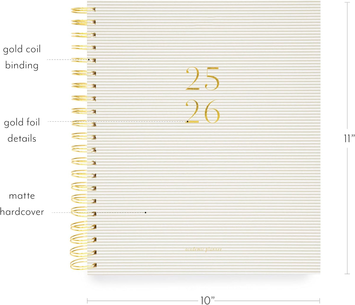 Sugar Paper 2025-2026 Large Weekly Spiral Academic Planner, August 2025 to July 2026, School, College & Student Planner, 12 Month, 10" x 11", Khaki Stripe