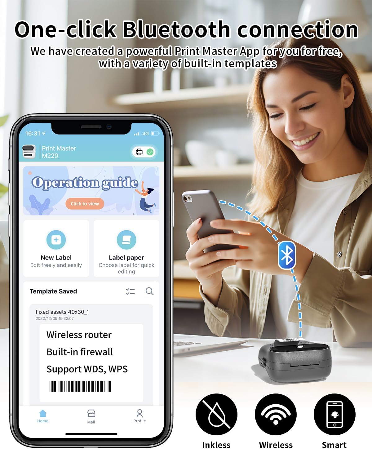 Phomemo M220 Label Maker, Bluetooth Barcode Label Printer, Thermal Sticker Maker Machine for Barcode, Address, Tag Labeling, Compatible with Phone & Laptop