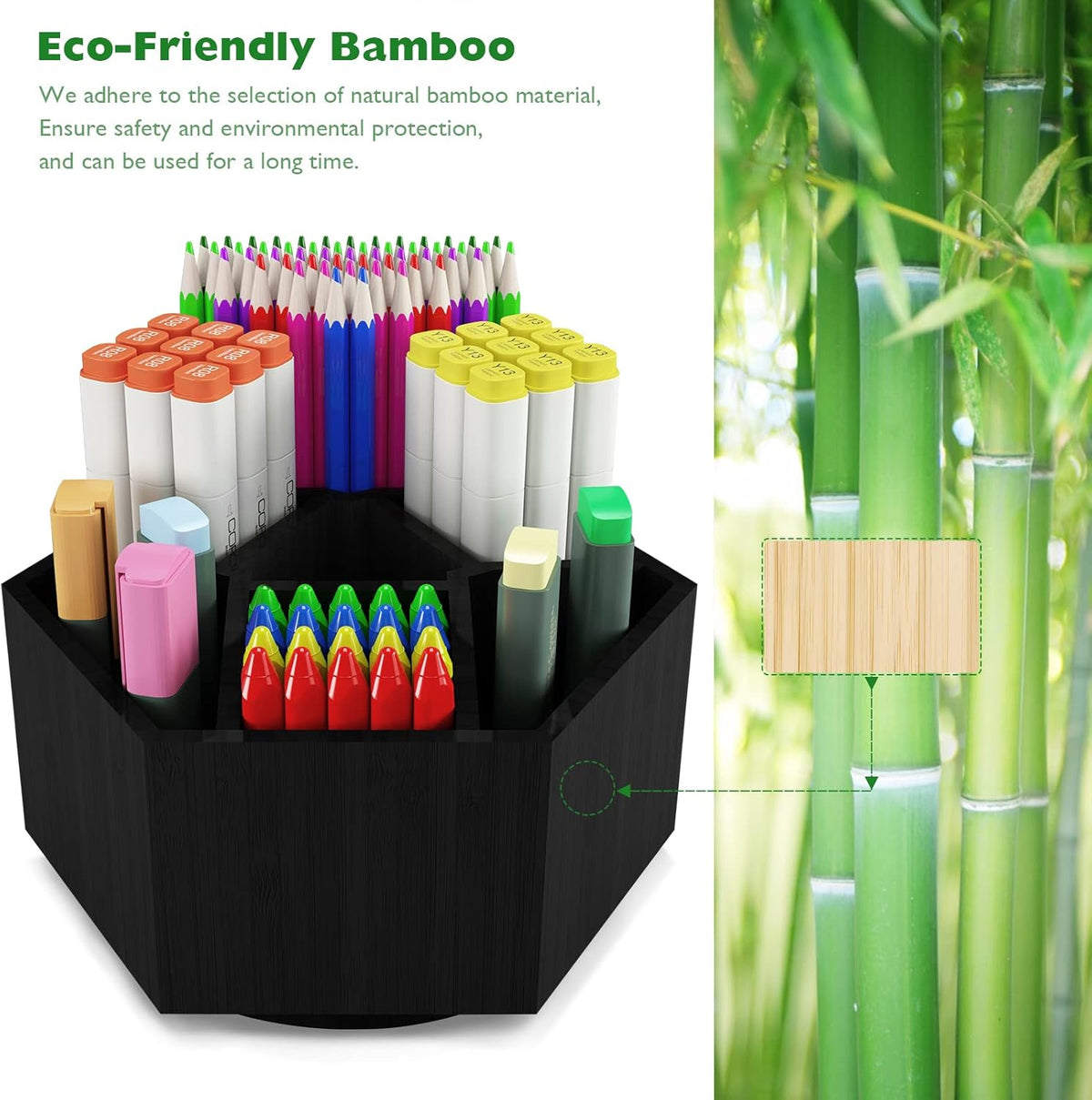 Art Caddy Organizer for Kids, Bamboo Pencil Organizer with 7 Large Compartment, Pen Storage Organizer, Marker Holder, Desk Caddy holds 325+ pencils, Education Supplies & Craft Supplies, Black
