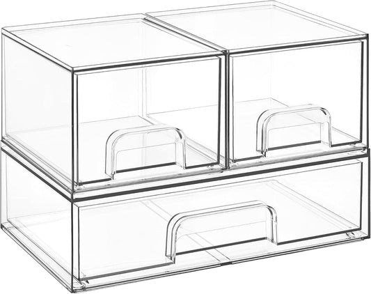 Vtopmart Stackable Storage Drawers Set of 3,Clear Plastic Organizer Bins for Makeup, Cosmetics, Beauty Supplies,Ideal for Vanity, Bathroom,Cabinet,Pantry Organization