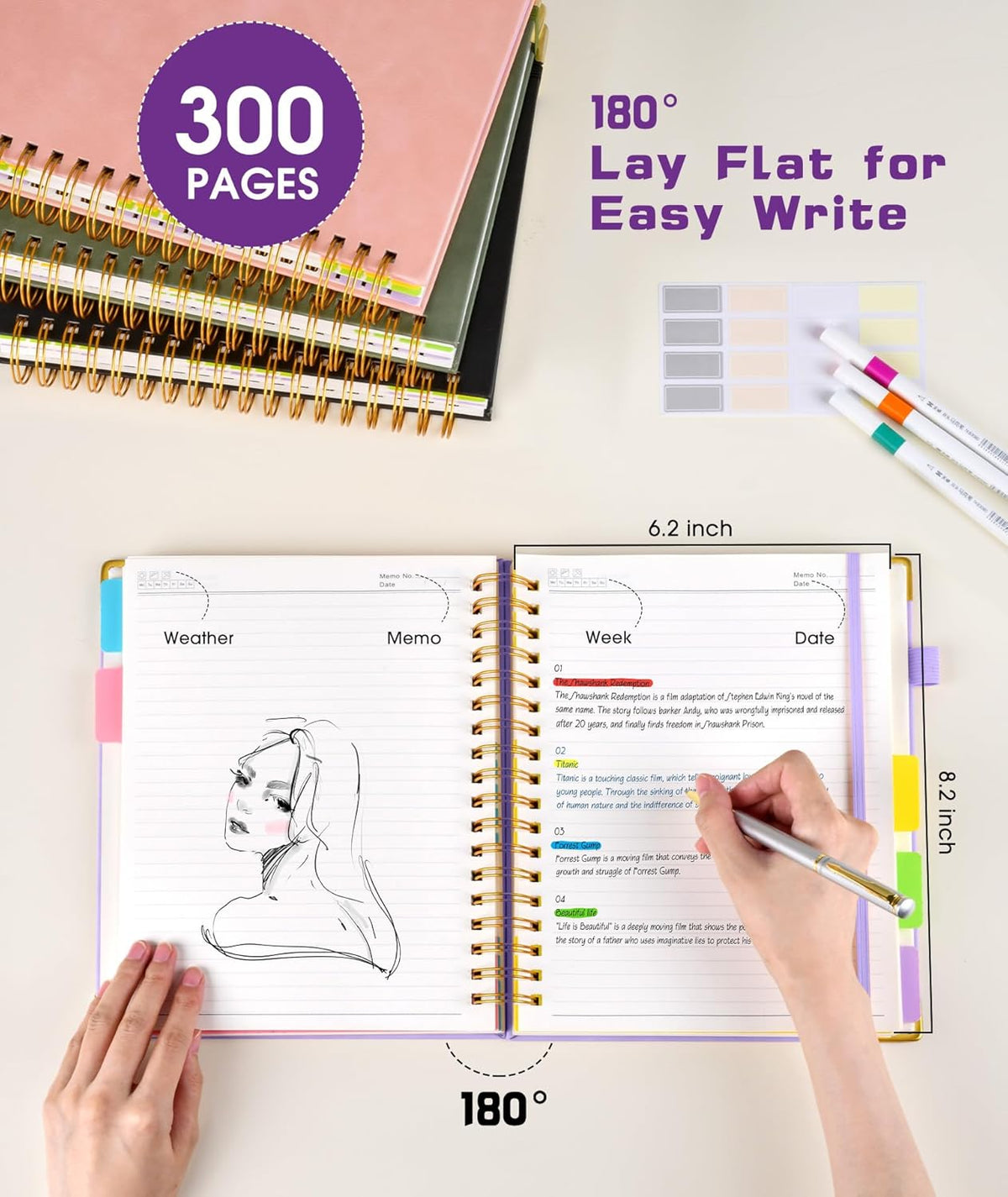 Hardcover Spiral Notebook journal with Removable Dividers Tabs, 300 Pages Leather 5 Subject Notebook College Ruled, 100GMS A5 Notebooks for Work School Note taking,Lined Journal for Women,A5 Purple
