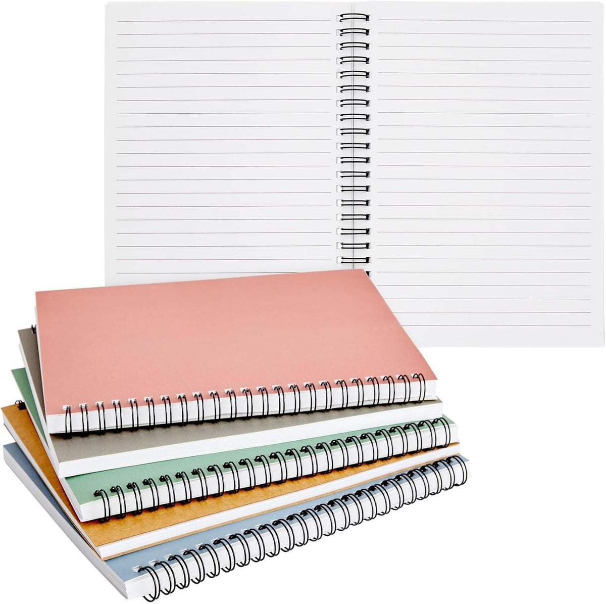 5 Pack 6x8 inch Spiral Journals, Small Notebooks Bulk with 120 Lined Pages for Work, Students, School, Writing (5 Colors Kraft Paper Covers)