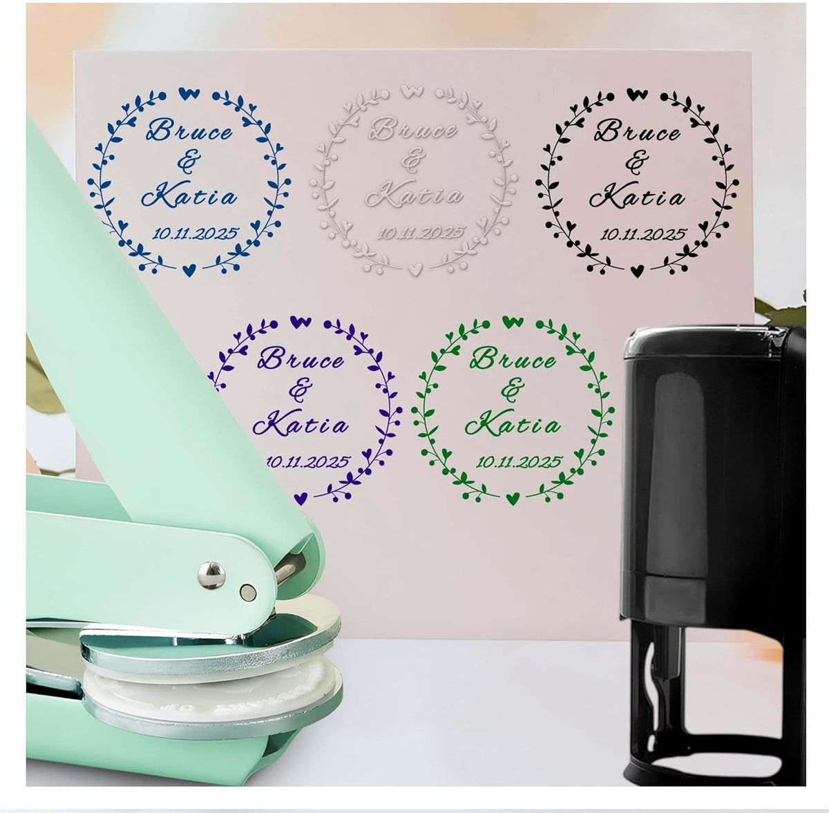Personalized Wedding Embosser Stamp， Custom Book Business Card Paper Document Notebook, Self Inking Stamp，Book Lover Gifts，Christmas Gifts (Style04)