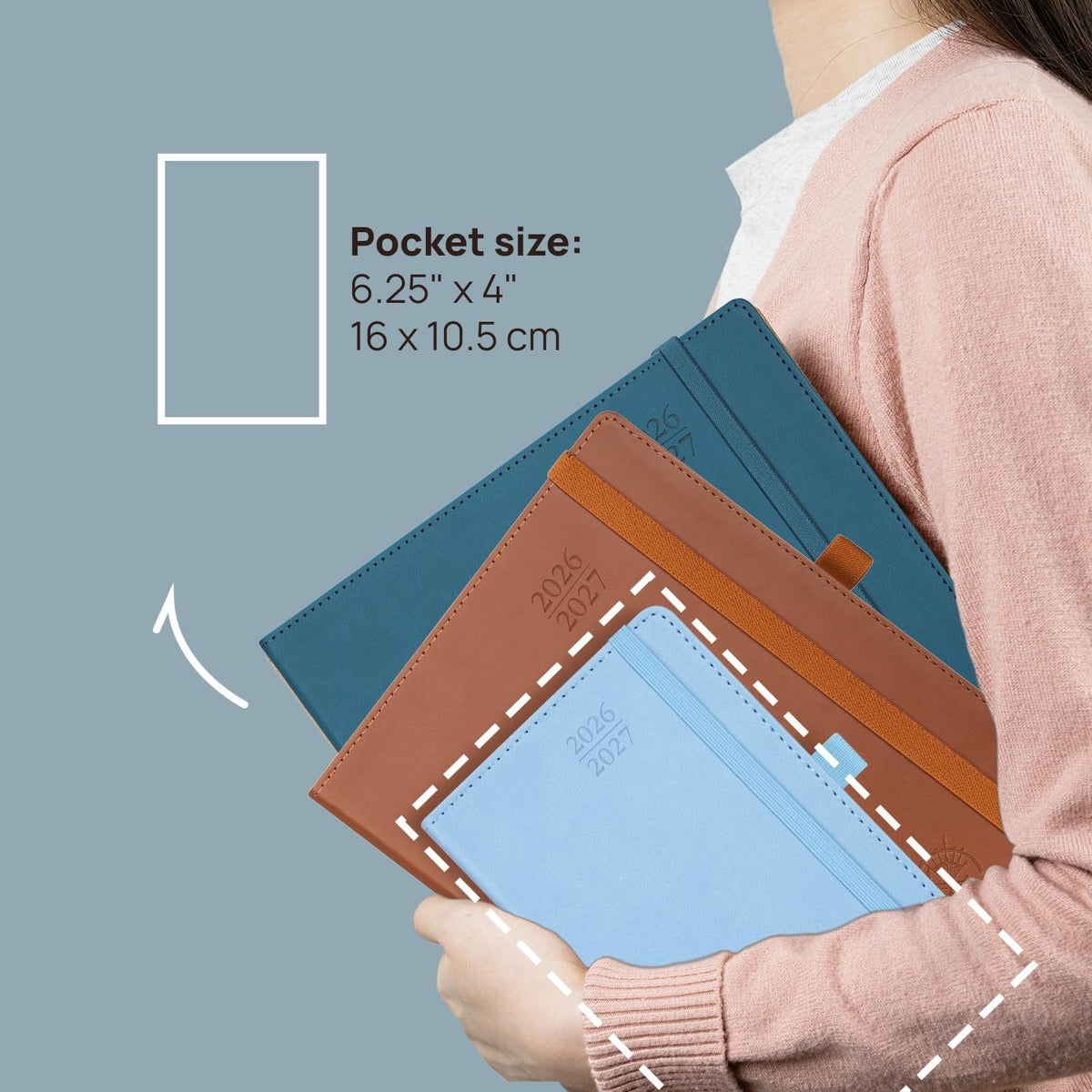 POPRUN Pocket Monthly Planner 2026-2027 (Pocket- 4''x 6.25'' Soft Leather Cover) - 18 Month Calendar Book for Purse (Jan.2026 - Jun. 2027), 100 GSM Thick Paper - Blue