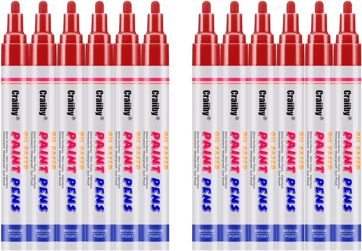 Red Paint Markers, 12 Pack Oil-Based Waterproof Quick Dry Permanent Paint Pen Set for Rocks Painting, Wood, Fabric, Plastic, Canvas, Glass, Mugs, Metal, Tire, Stone, DIY Craft