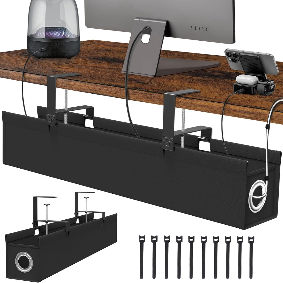 Under Desk Cable Management Tray, Premium Oxford Fabric Desk Cable Organizer with No-Drill Installation, Large Capacity Clamp/Screw Mount Wire Management Tray for Home Office Study