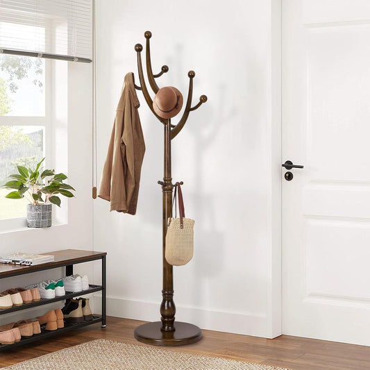 Wood Coat Rack Coat Tree Freestanding with Hooks, Heavy Duty Standing Coat Rack with Solid Round Base, 74” Tree Shaped Coat Hanger Stand for Clothes, Hat, Jacket, Entryway Bedroom, Walnut