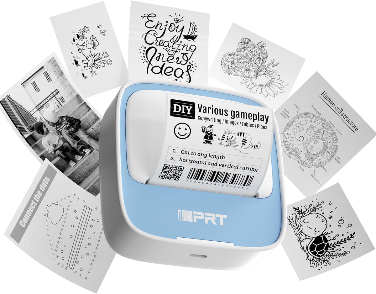 iDPRT Sticker Maker, Portable Thermal Printer with 1 Roll Sticker Paper, Bluetooth Inkless Printer Mini Label Maker for Study, DIY, Notes, Mini Label Maker with Multiple Template in Free App (Blue)