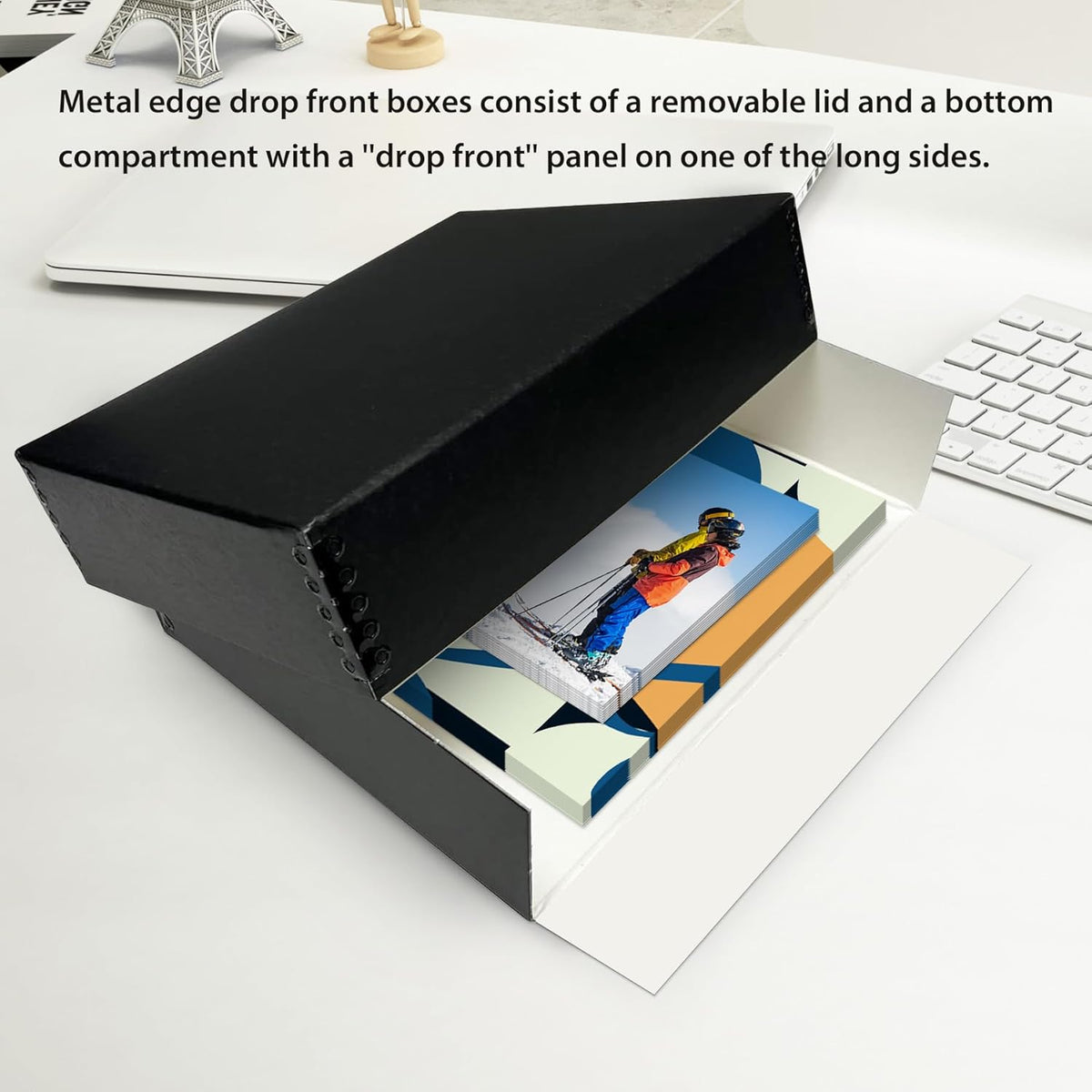 Lineco, 11x14 Museum Storage Box Black, Archival Quality Acid-Free Buffered Drop Front Design with Metal Edges Removable Lid, 11 3/4x15.25x3 In (2 Pack)